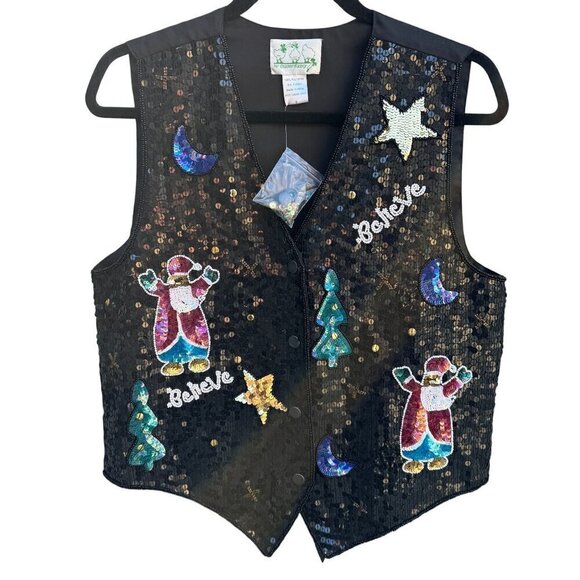 The Quacker Factory Vintage Black Holiday Santa Tree Snap Closure Sequin Vest S - Picture 1 of 10